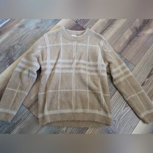 Cyrus Tan Plaid Soft Fuzzy Cashmere Long Sleeve Crew Neck Sweater Women's XS